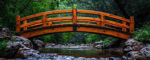Wooden bridge over creek, forest background