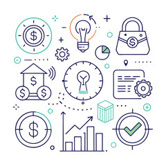 A collection of minimalist line icons representing finance and investment concepts on white background.