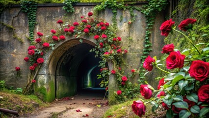 Fototapeta premium Overgrown roses spill out of a tunnel entrance