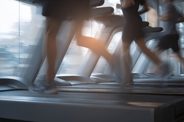 Blurred motion of people running on treadmills at the gym. Fitness, health, and wellness concept.