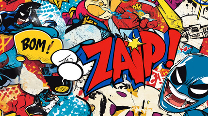 Cartoon graffiti mural featuring comic book characters with expressive faces and speech bubbles on urban street wall
