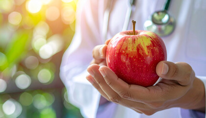 Health professional showcases fresh apple in garden to promote nutrition and wellness awareness