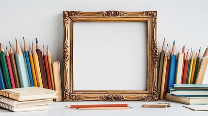 Empty frame surrounded by colored pencils and notebooks on a white surface