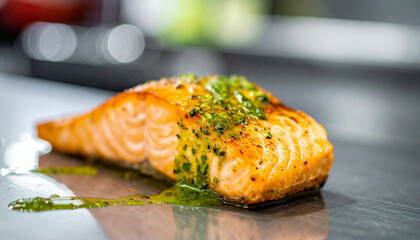 Grilling salmon fillet with herb sauce kitchen culinary photography modern close-up flavor