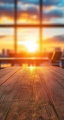 Wooden table in front of sunset city view