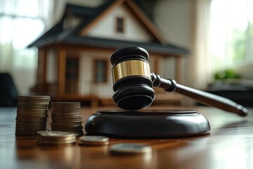 Close-up of wooden auctioneer gavel with stacked coins and small house model in the background symbolizing real estate bidding and financial decisions