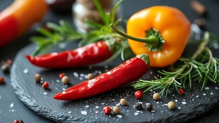 Vibrant red chili peppers, orange bell pepper, rosemary, and peppercorns on a dark slate