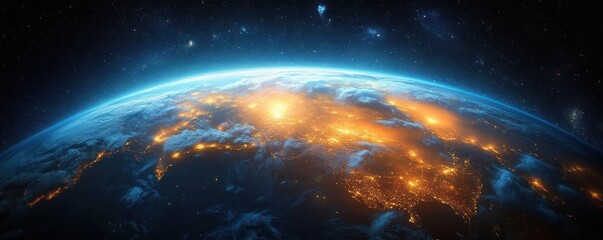 Obraz premium View of Earth from space showing illuminated city lights across continents under a starry sky with clouds partially covering the land