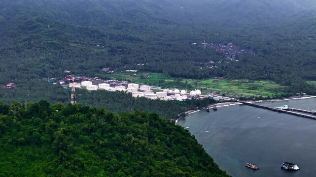 Oil refinery factory plant production Bali Indonesia Pertamina TBBM Manggis, aerial