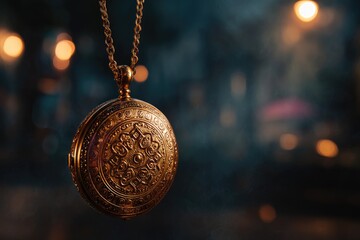 Close-up of a vintage gold pocket watch pendant.