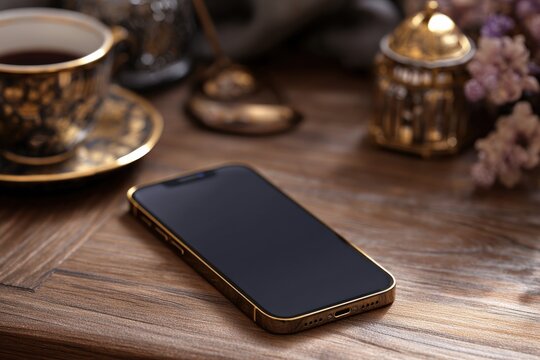 A sleek smartphone rests on a rich wooden surface, near a cup of coffee and ornate decor. Luxurious ambiance.