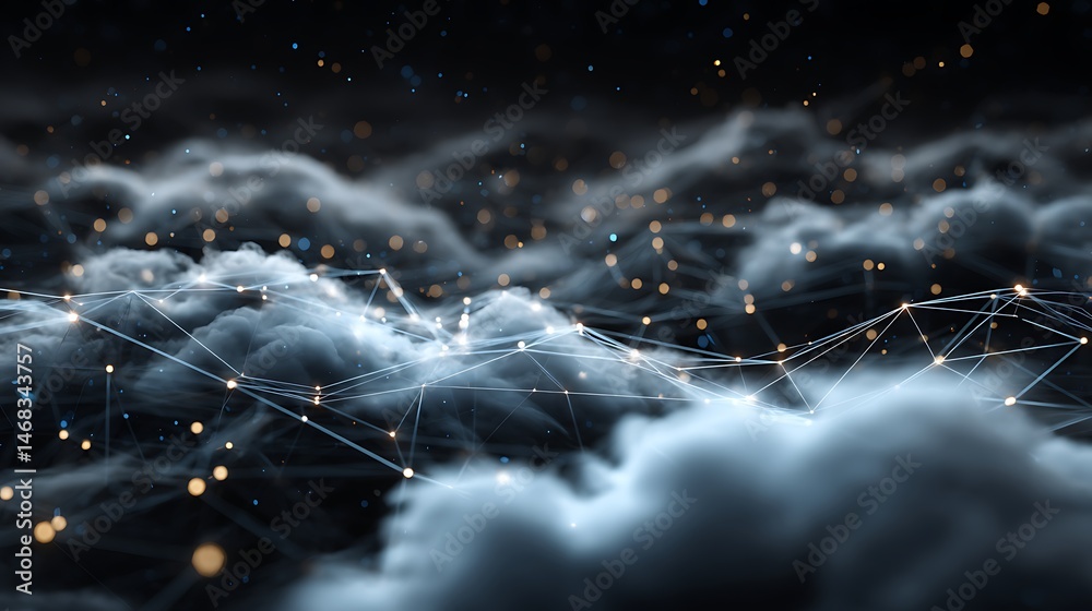Poster A cloud network with glowing lines representing the flow of data between servers, computers, and mobile devices
