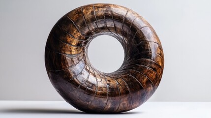 Abstract three dimensional spiral wooden sculpture with a curved twisted design on a plain minimalist background  The sculpture has a natural organic shape and a rich textural wood grain