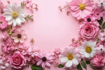 Obraz premium Delicate arrangement of various pink and white flowers with green leaves forming a soft, elegant floral border on a light pink background