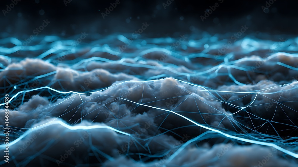 Aufkleber A cloud network with glowing lines representing the flow of data between servers, computers, and mobile devices