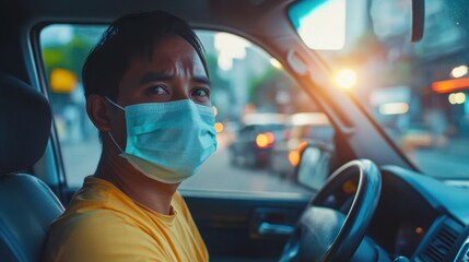 A man with a mask driving in the city amidst pandemic traffic worry