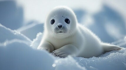 Fototapeta premium Adorable white seal pup rests on snowy ice (1)