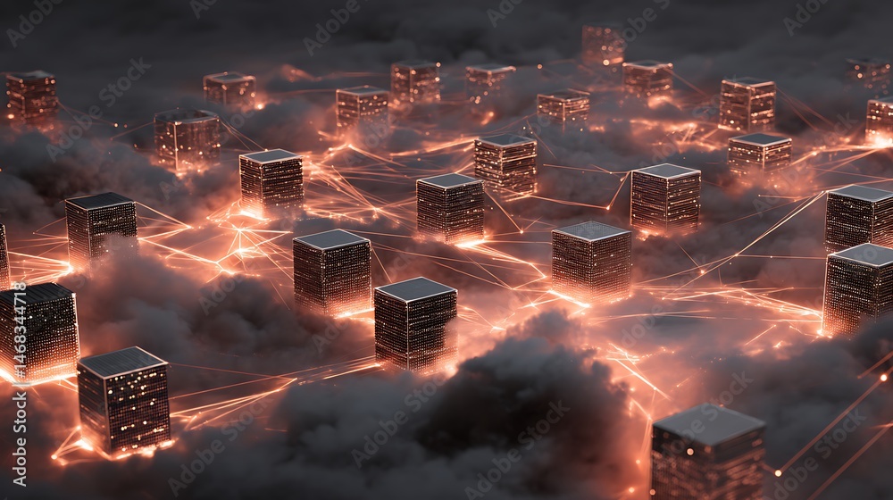 Poster A cloud network with glowing lines representing the flow of data between servers, computers, and mobile devices