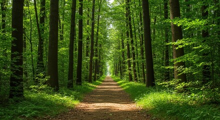 Fototapeta premium A peaceful forest pathway lined with tall green trees, leading into a serene and shaded natural environment, showcasing a tranquil walk in the woods