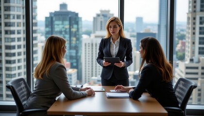Confident Businesswoman Presenting Strategies to Colleagues in Modern Office with City View