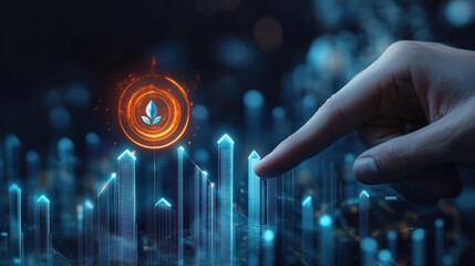 Close-up of a hand pointing at futuristic digital blue financial growth charts with ascending arrows and a glowing orange leaf symbol representing sustainable growth