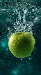 Green Apple Underwater Splash Macro Photography Vibrant Shiny Fresh Fruit Healthy Organic Texture Sparkle Drops Movement Natural Eco-Friendly Colorful Vivid Surreal Ripples Freshness