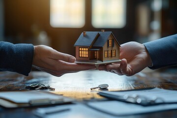 Two people exchanging a miniature house model with warm glowing windows over a wooden table with keys and paperwork, symbolizing home ownership or real estate transaction