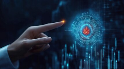 Close-up of a hand pointing a finger towards a glowing digital interface with a red leaf symbol surrounded by blue futuristic holographic elements and data visuals