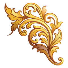 A gilded baroque corner ornament with swirling flourishes on white background