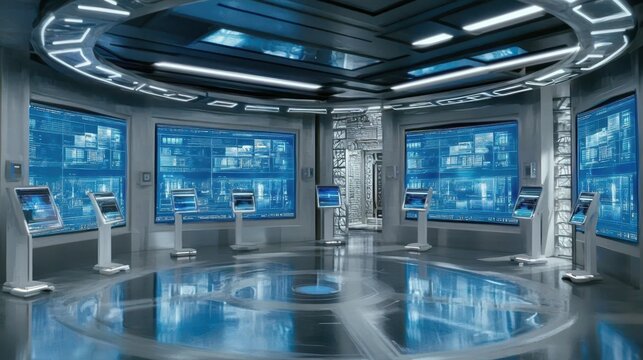 Futuristic command center interface for data processing system analysis and security platform with blue information screens technology