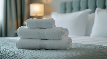 Three fluffy white towels neatly stacked on a bed