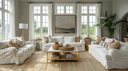 Coastal living room with wicker furniture and plants high resolution photo