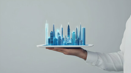 Hand Holding Tablet Showing Digital Cityscape
