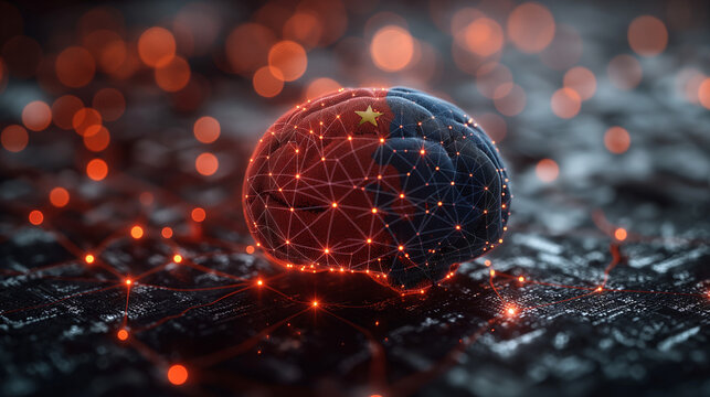 Futuristic AI brain network. Digital neural connections with China flag overlay. Concept of artificial intelligence and technology influence. - Powered by Adobe