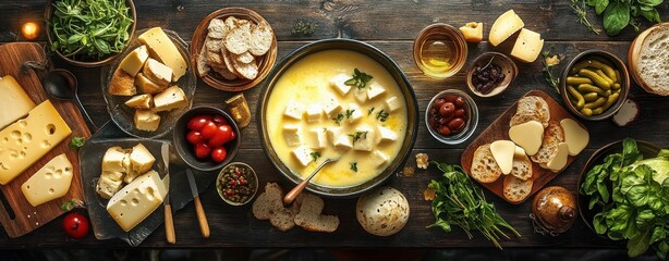 Fototapeta premium Assortment of cheese varieties, bread slices, cherry tomatoes, greens, pickles, olives, and a creamy cheese fondue on a rustic wooden table creating a cozy, inviting atmosphere