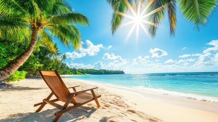 A pristine beach with a wooden deck chair, soft sand, and bright sunshine, perfect for summer relaxation
