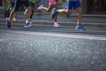 Children race down the street, their small feet pounding the pavement. A sunny day filled with youthful energy and competition.