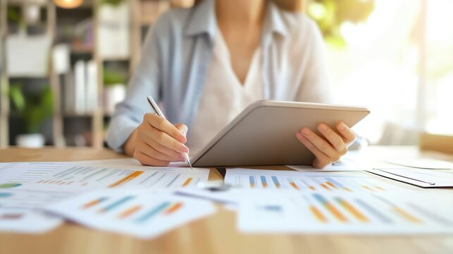 Businesswoman analyzing financial data with digital tablet and charts in bright office for growth and progress evaluation