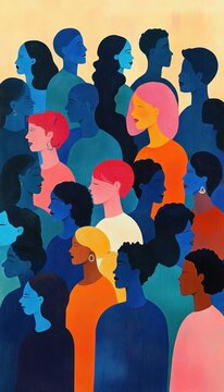 Diverse group of individuals in vibrant colors and profiles facing different directions expressing unity and individuality