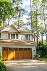 Fototapeta premium A stunning suburban home featuring elegant wooden garage doors is nestled within a vibrant, lush green forest, basking in the warm sunshine of a beautiful day