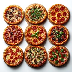 Freshly baked pepperoni and vegetable pizzas served hot high resolution image