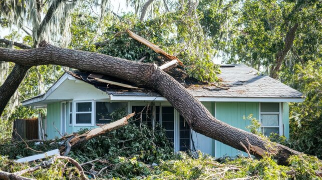 Devastating aftermath of a storm with a fallen tree crushing a residential property