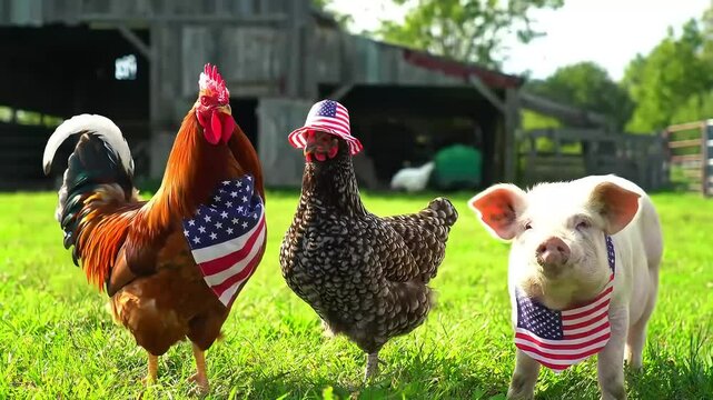 Rooster hen and pig wearing american flags