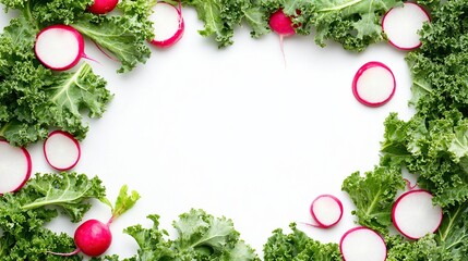Fresh kale and radish slices frame
