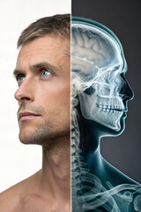 Obraz premium Split View of Human Head with Skull X-ray and Real Face