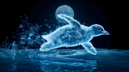 Glowing Penguin In Water Splash At Night