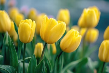 Obraz premium Close-up view of vibrant yellow tulips in bloom.