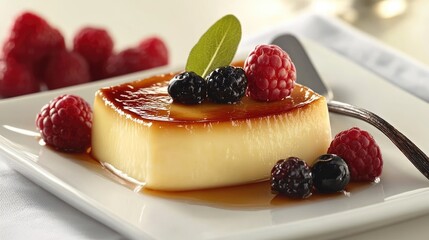 Elegant plating of crme brle with caramelized sugar top, vanilla pod garnish, and berry medley