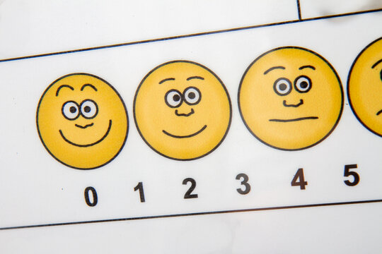 A series of smiling and frowning faces are shown on a white background - Powered by Adobe