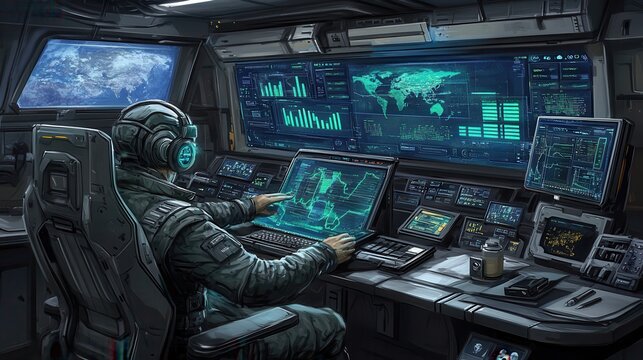 Futuristic cockpit operation controlling advanced tech interface system showing digital data and information analysis for complex systems